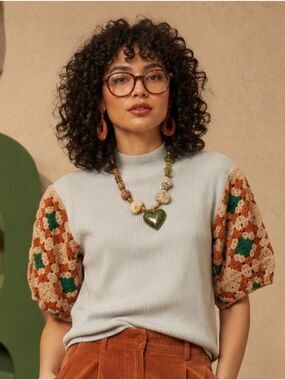 GRANNY SQUARE AFGHAN STITCH SHORT SLEEVE MOCK NECK SWEATER SIZE LARGE EUC